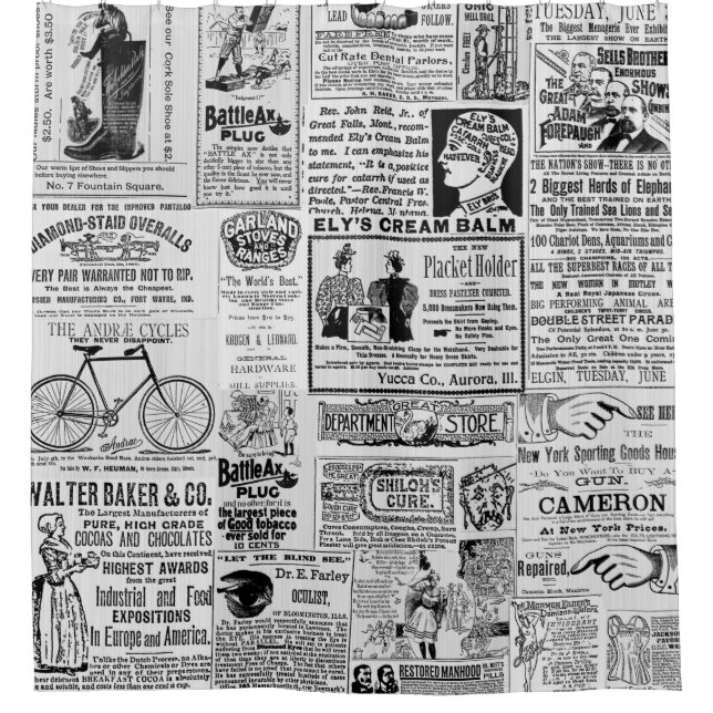 Zeitungsanzeigen der 1890er Jahre Viktorianische V Duschvorhang (Vorderseite)
