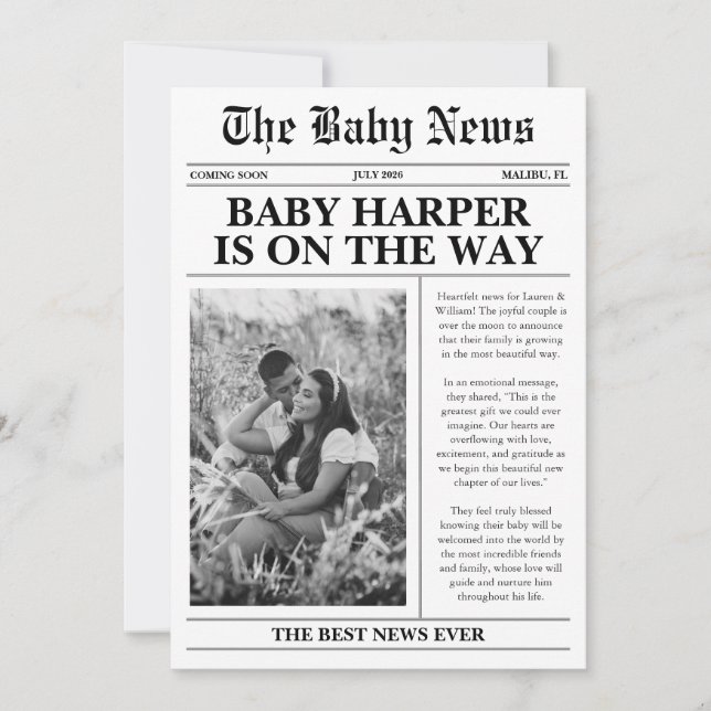 Zeitungsbaby erwartet Schwangerschaftsankündigung Einladung (Vorderseite)