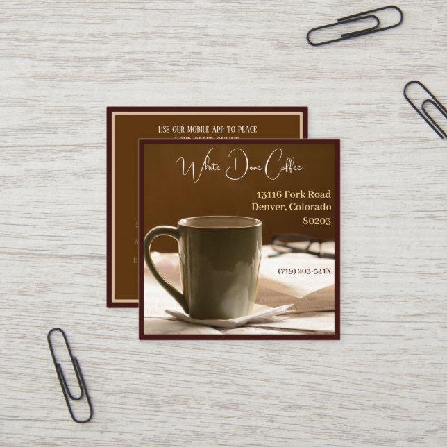 Zeitungsbrille Tasse Cafe Barista Kaffee Quadratische Visitenkarte (Vorderseite/Rückseite Beispiel)