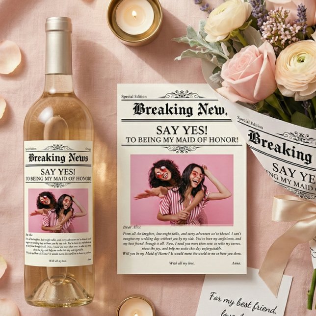 Zeitungsfoto Brautjungfer oder Brautjungfer  (Bridesmaid proposal wine label)