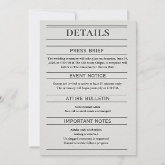 Zeitungsstil-Hochzeitsdetailskarte