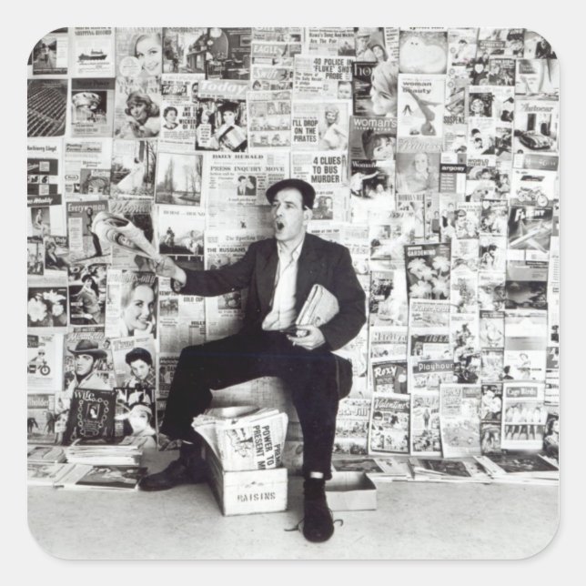 Zeitungsverkäufer, c.1960 quadratischer aufkleber (Vorderseite)