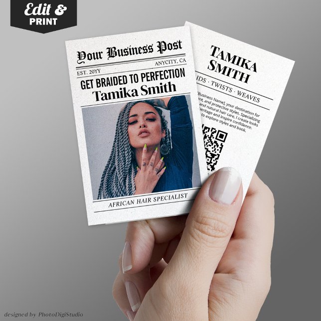 ZeitungsVisitenkarte, Afrikanische Haarflechte Telefonnummerkarte (Newspaper Business Card, African Hair Braiding Calling Card)