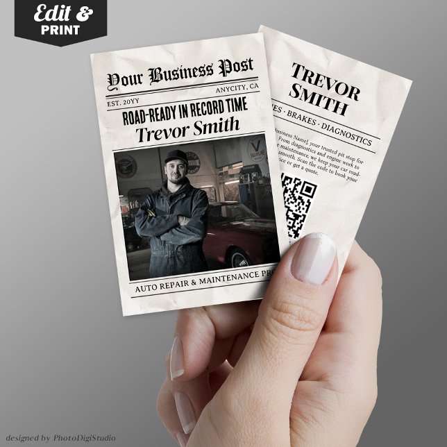 ZeitungsVisitenkarte, Auto-Reparaturautomat Telefonnummerkarte (Newspaper Business Card, Auto Repair Car Mechanic Calling Card)