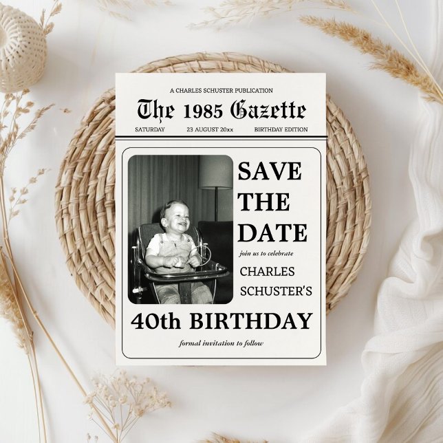 Zeitungsw Vorlage zum Speichern des Geburtsdatums  (Newspaper Save The Date Birthday Photo Template)