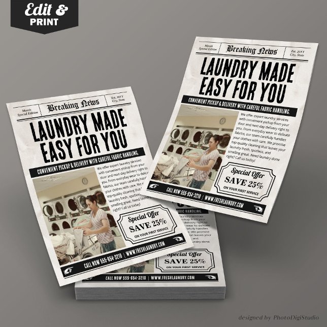 Zeitungswäscheservice Flyer, Retro Business Flyer (Newspaper Laundry Services Flyer, Retro Business Flyer)