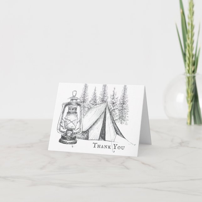 Zelt-, Lantern- und Woodland-Sketch-Camping Hochze Dankeskarte (Vorderseite)