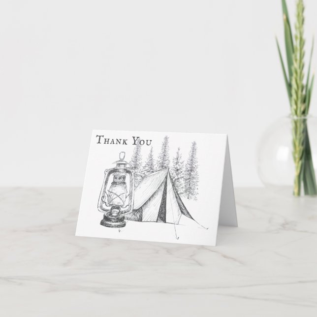 Zelt-, Lantern- und Woodland-Sketch-Camping Hochze Dankeskarte (Vorderseite)