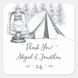 Zelt-, Lantern- und Woodland-Sketch-Camping Hochze Quadratischer Aufkleber