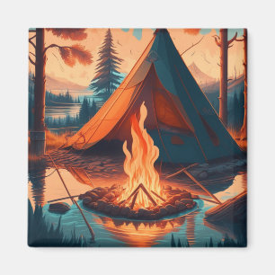 Zelt und Campfire Vintage Farben Kunst Magnet