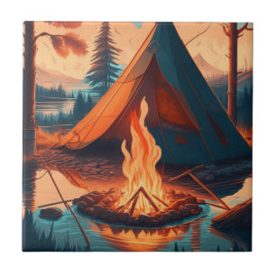 Zelt und Lagerfeuer Vintage-Farben Kunst Fliese
