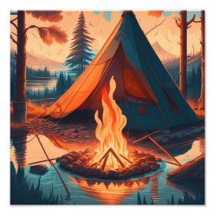 Zelt und Lagerfeuer Vintage-Farben Kunst Fotodruck