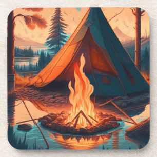 Zelt und Lagerfeuer Vintage-Farben Kunst Getränkeuntersetzer