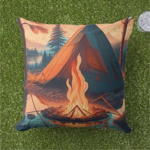 Zelt und Lagerfeuer Vintage-Farben Kunst Kissen