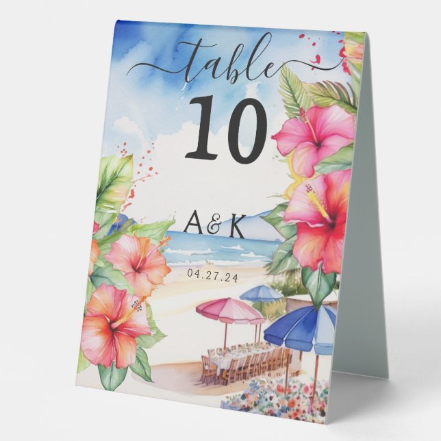 Zelt-Zeichen des tropischen Hibiskus Beach Tischaufsteller (Vorderseite)