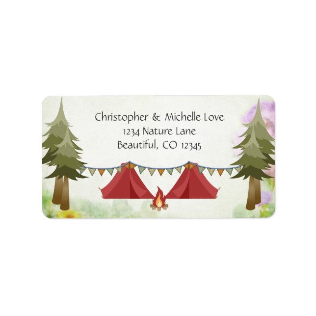 Zelte mit Buntings, Campfire, Wald, Camping Adressaufkleber (Vorne)