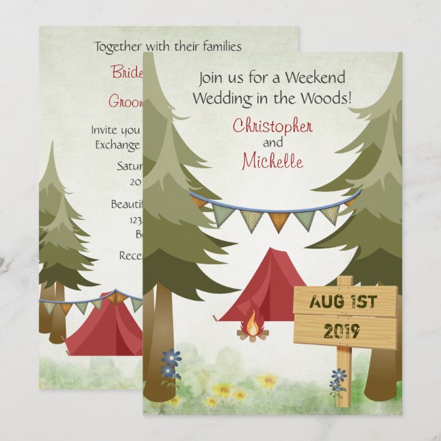 Zelte und Campfire Woodland Camping Hochzeit Einladung (Vorne/Hinten)