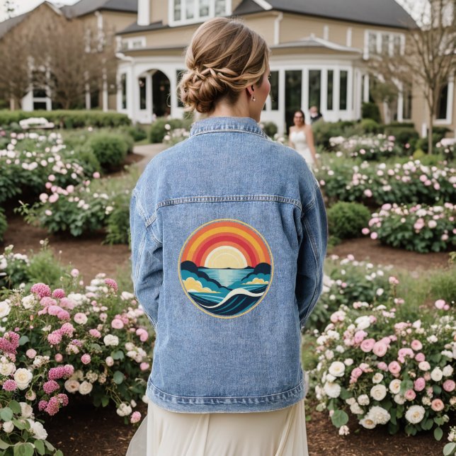 Zen Art Deco Sonnenuntergang über Wasser Jeansjacke (Hochzeit Rückseite)
