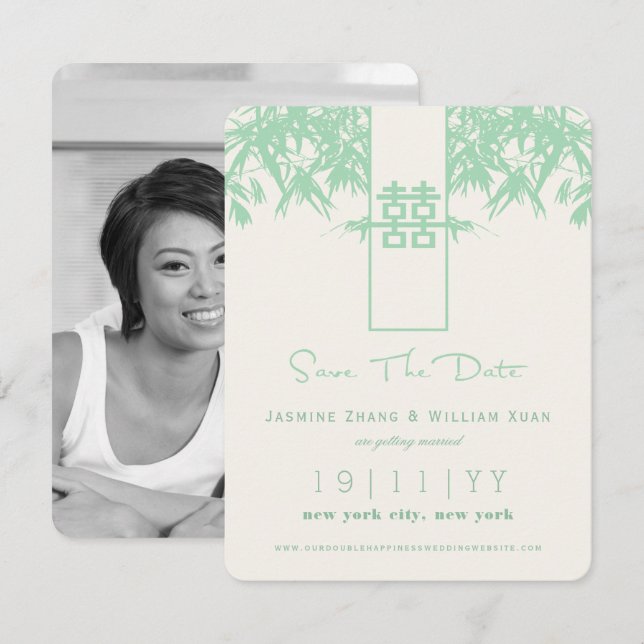 Zen Bamboo Double Happy Chinesisch Save the Date Einladung (Vorne/Hinten)
