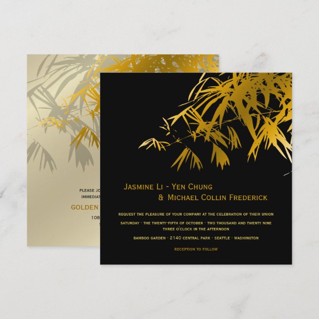 Zen Bamboo Verlasse Gold Black Modern Asian Weddin Einladung (Vorne/Hinten)