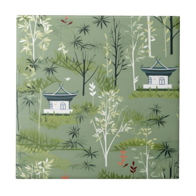 Zen-Bambuswald Botanisches Muster (2) Fliese (Vorderseite)