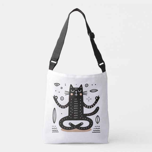 Zen Black Cat Floating in Meditation Tragetaschen Mit Langen Trägern (Vorderseite)