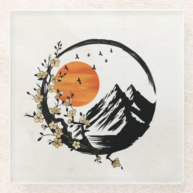Zen Blossom: Sonnenaufgang und Heiterkeit Glasuntersetzer (Vorderseite)