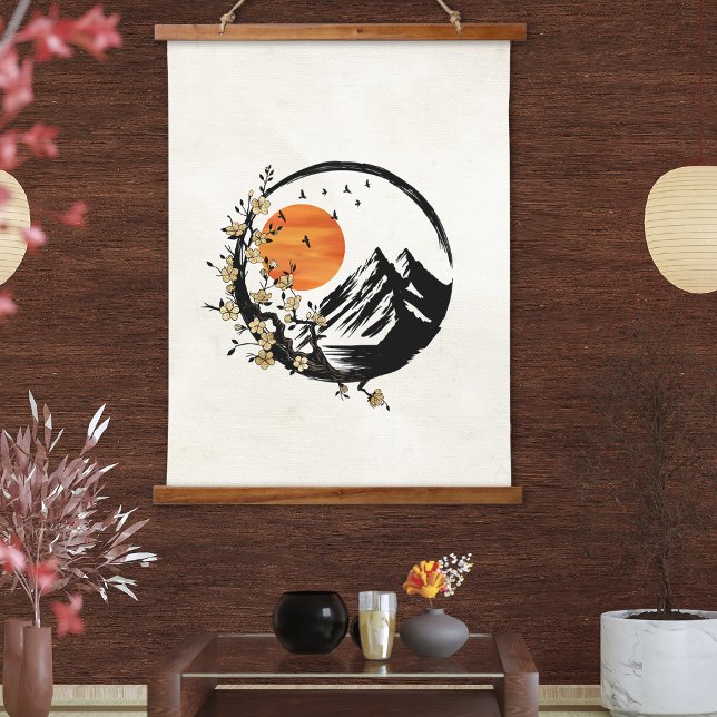 Zen Blossom: Sonnenaufgang und Heiterkeit Wandteppich Mit Holzrahmen (Von Creator hochgeladen)