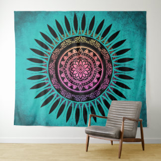 Zen Blume Mandala Blue & Pink Wandteppich