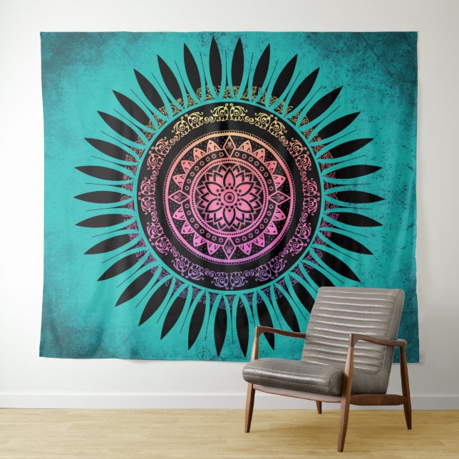 Zen Blume Mandala Blue & Pink Wandteppich (Beispiel (Horizontal))