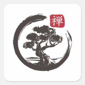 Zen Bonsai Tree Enso Circle Japanisch Quadratischer Aufkleber