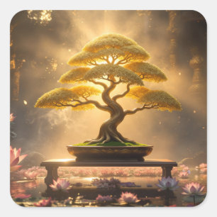 ZEN-BUDDHISMUS - BONSAI-BAUM - QUADRATISCHER AUFKLEBER