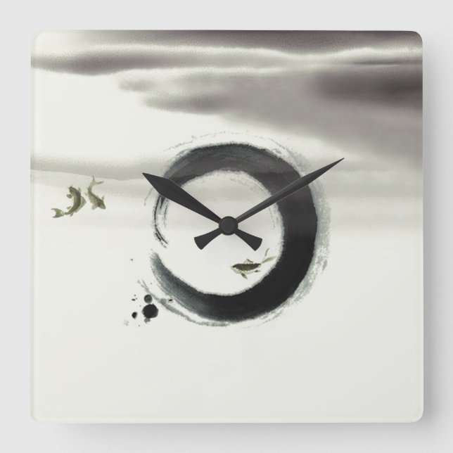 Zen Circle Enso Koi Brush Painting Art Quadratische Wanduhr (Vorderseite)