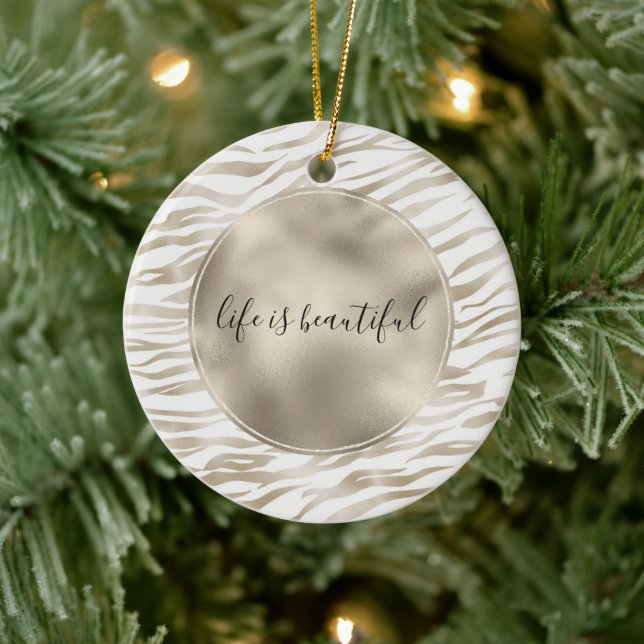 Zen Cream White Cocoa Brown Zebra Print Keramik Ornament (Baum)