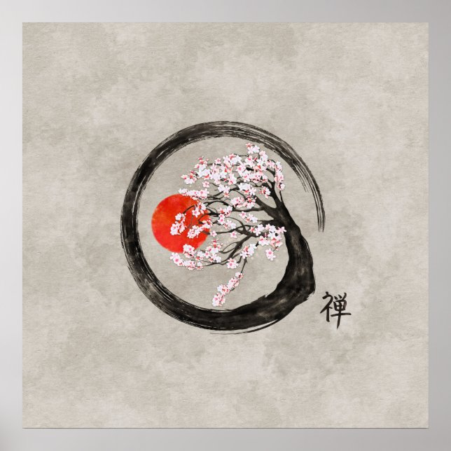 Zen Enso Circle and Sakura Tree on Leinwand Poster (Vorne)