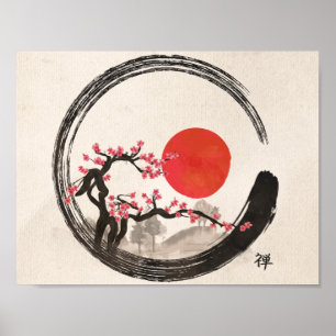 Zen Enso Circle and Sakura Tree Poster