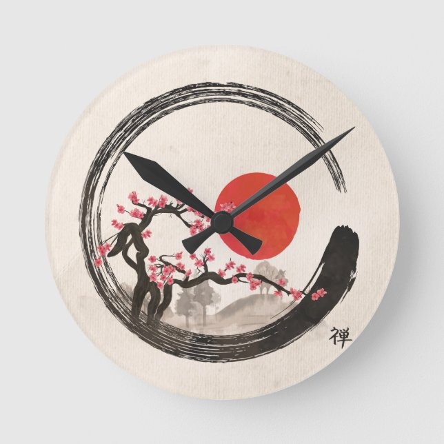Zen Enso Circle and Sakura Tree Runde Wanduhr (Vorderseite)