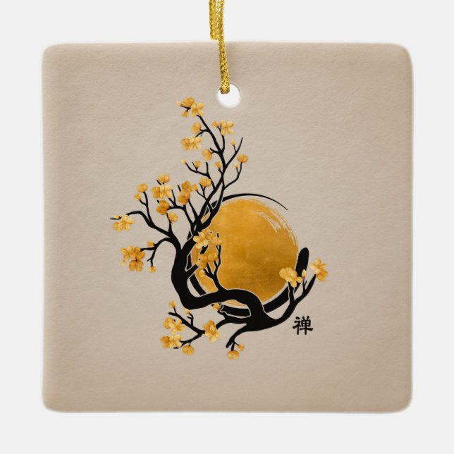 Zen Enso Circle, Golden Sun und Sakura Blossom Keramikornament (Vorderseite)
