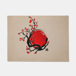 Zen Enso Circle, Sun and Red Sakura Blossom Fußmatte