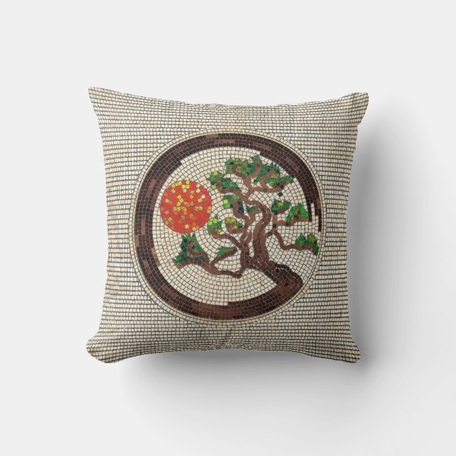 Zen Enso Circle und Bonsai Tree Mosaik Kissen (Vorderseite)