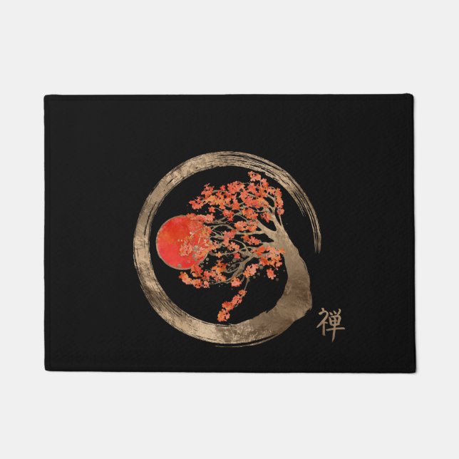 Zen Enso Kreis und goldener Kirschblüte-Baum Fußmatte (Vorderseite)