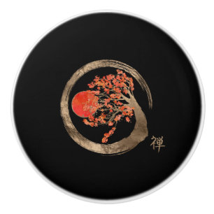 Zen Enso Kreis und goldener Kirschblüte-Baum Keramikknauf