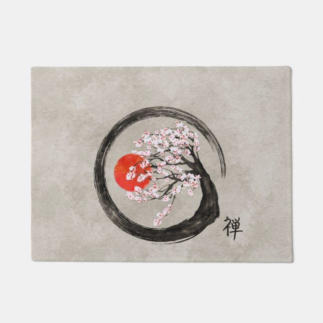 Zen Enso Kreis und Kirschblüte-Baum auf Leinwand Fußmatte (Vorderseite)