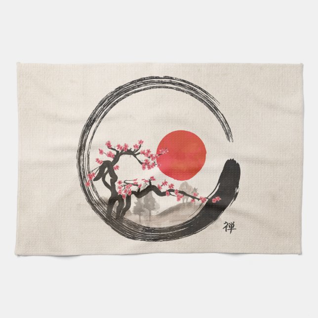 Zen Enso Kreis und Kirschblüte-Baum Geschirrtuch (Horizontal)