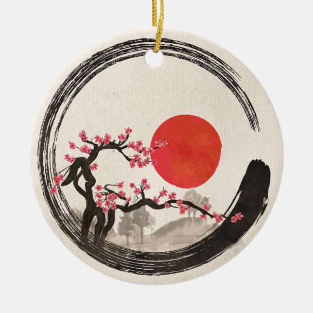 Zen Enso Kreis und Kirschblüte-Baum Keramik Ornament (Vorne)