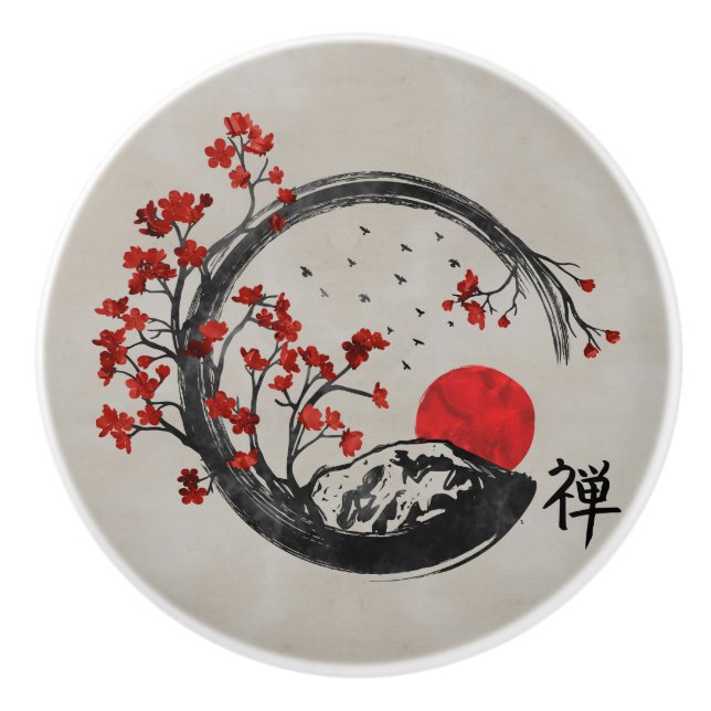 Zen Enso Kreis und Kirschblüte-Niederlassungen Keramikknauf (Vorderseite)