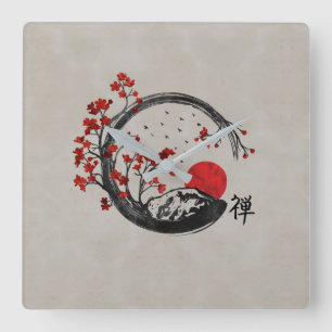 Zen Enso Kreis und Kirschblüte-Niederlassungen Quadratische Wanduhr