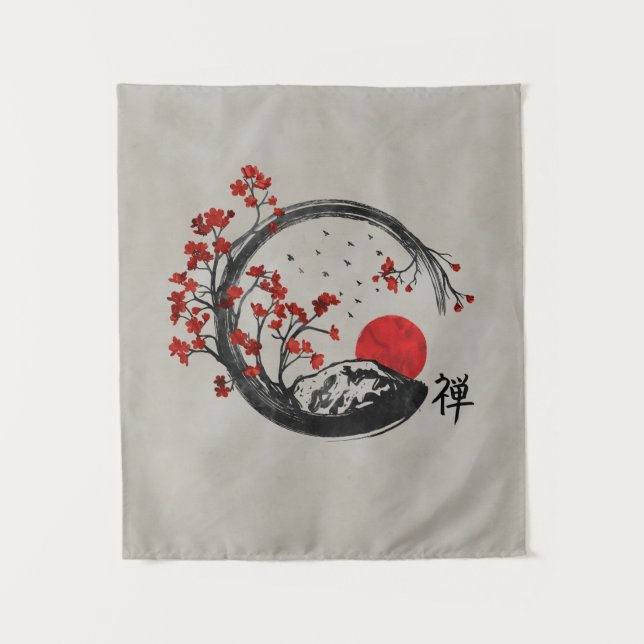 Zen Enso Kreis und Kirschblüte-Niederlassungen Wandteppich (Vorderseite)