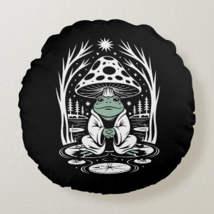 Zen-Frosch unter Pilz- Meditierende Froschnatur Rundes Kissen