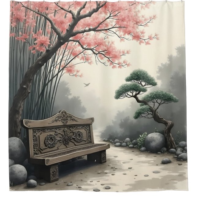 Zen-Gartenzierbank unter rosa Blüten Duschvorhang (Vorderseite)